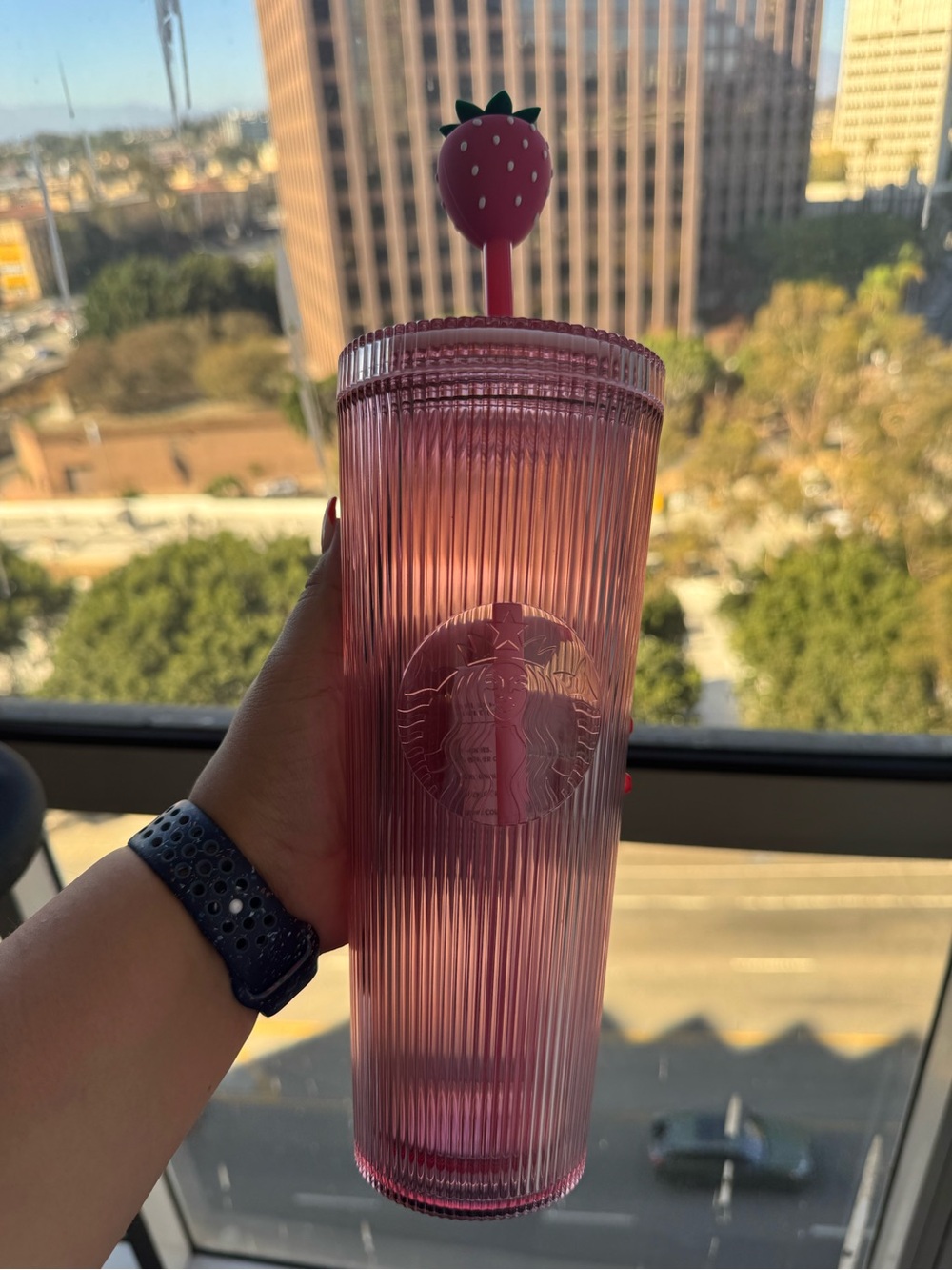 Starbucks Pink Ribbed Tumbler with Strawberry Straw